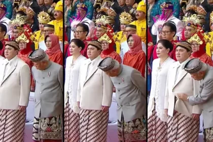 Menteri PUPR Basuki Hadimuljono saat upacara peringatan HUT RI ke-78. Aksinya tertangkap kamera saat mengusili Menteri BUMN Erick Thohir.