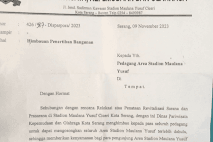 Disparpora Terbitkan Surat Imbauan Pengosongan Lahan Pedagang di Stadion Ciceri Kota Serang 1