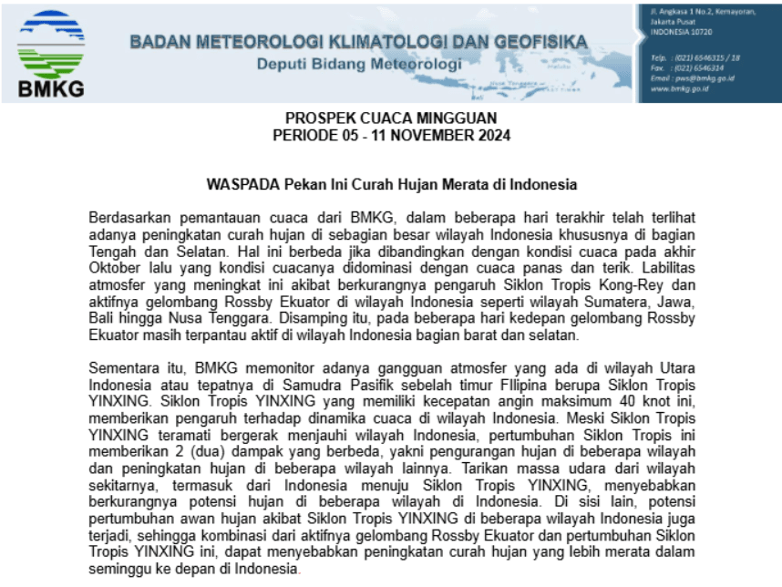Waspada Curah Hujan, Ini Prospek Cuaca Mingguan BMKG Periode 05-11 November 2024 4 Curah Hujan