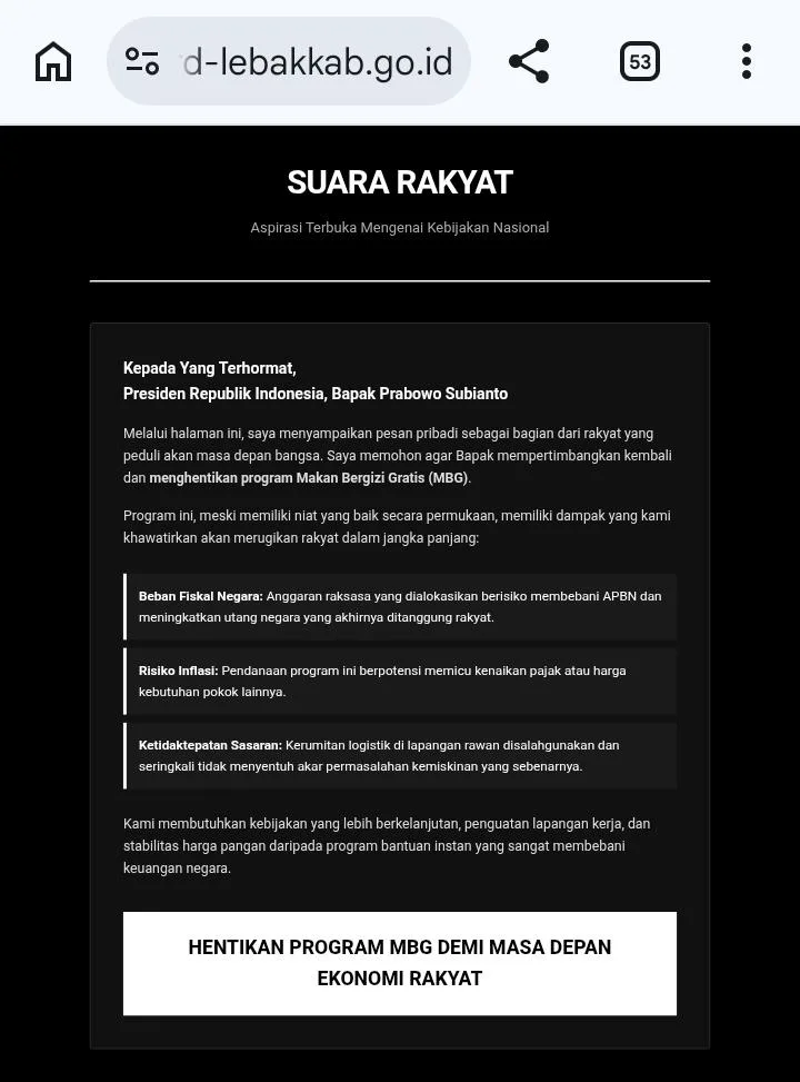 Situs DPRD Lebak Diduga Diretas, Muncul Pesan Kritik Program MBG 1 DPRD Lebak